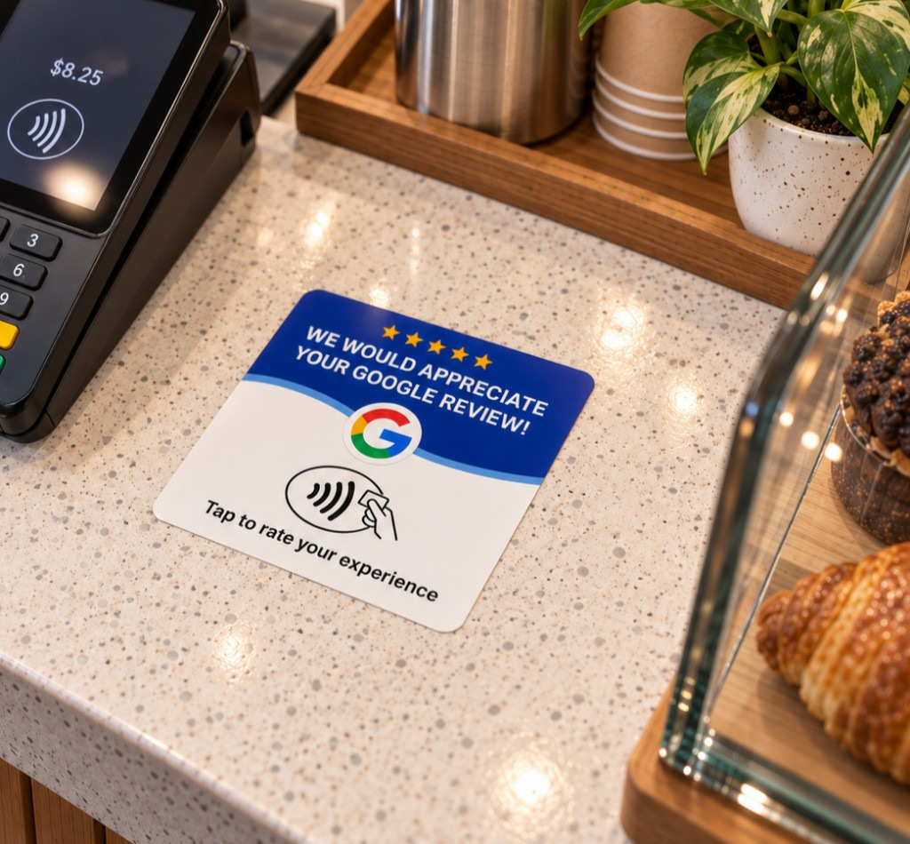 ReviewMe NFC card placed on a café counter next to the payment terminal
